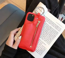 Cargar imagen en el visor de la galería, Red zipper PU leather wallet case for iPhone 11 with built-in functionality and stylish protection.