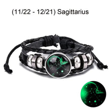 Cargar imagen en el visor de la galería, Sagittarius zodiac sign leather bracelet with green constellation design, featuring braided leather and metal accents for astrology lovers.