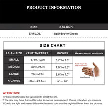 Cargar imagen en el visor de la galería, Size chart for touchscreen leather motorcycle gloves showing measurements in cm and inches for small to X-large sizes.
