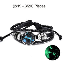 Cargar imagen en el visor de la galería, Pisces Zodiac leather bracelet with glowing astrological design. Stylish and symbolic accessory for elevating personal fashion.