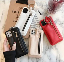 Cargar imagen en el visor de la galería, Luxury Zipper PU Leather Wallet Cases for iPhone in black, white, beige, and red with card holder and zipper design on marble surface