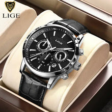 Load image into Gallery viewer, LIGE luxury men's watch with vegan leather strap, featuring fully functional chronograph and sub-dials, perfect for gifts.