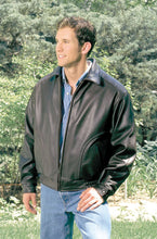 Load image into Gallery viewer, Man wearing REED Men's All American Bomber Leather Jacket, union made in USA, stylish and durable design.