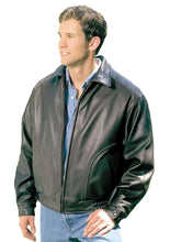 Load image into Gallery viewer, Man wearing REED Men's All American Bomber Leather Jacket, union made in USA, classic design in premium leather