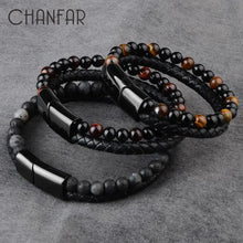 Charger l'image dans la galerie, Genuine leather bracelet with natural stone accents, adding a touch of sophistication and elegance to any outfit.