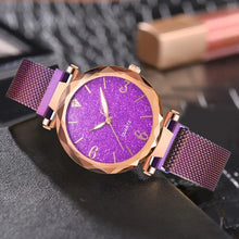 Cargar imagen en el visor de la galería, Rose Gold Women's Watch with Purple Glitter Dial and Mesh Strap, Elegant Timepiece for Formal and Casual Outfits, 2023 Edition