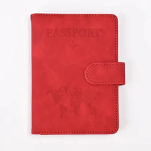 Cargar imagen en el visor de la galería, Red PU leather passport holder with map design, vegan and imported, ideal for stylish travel organization.