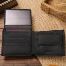 Cargar imagen en el visor de la galería, Men's premium leather wallet open on table, showcasing card slots and bill compartment, crafted for style and durability.