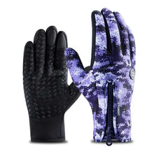 Load image into Gallery viewer, Purple winter cycling gloves for outdoor sports, featuring black grip and zip closure, offering comfort and protection during activities.