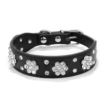 Cargar imagen en el visor de la galería, Elegant black leather pet collar with adjustable fit and sparkling floral crystal design.