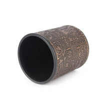 Cargar imagen en el visor de la galería, Egyptian pattern brown leather rune dice cup with intricate designs, handcrafted for gaming and divination rituals.