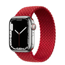 Load image into Gallery viewer, Red nylon elastic loop strap for Apple Watch, compatible with Series 7 SE 6 5 4 3 2 1, shown on watch face.