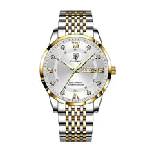 Load image into Gallery viewer, Men's stainless steel watch with gold accents, featuring a sleek design and day-date display, ideal for modern gentleman style.