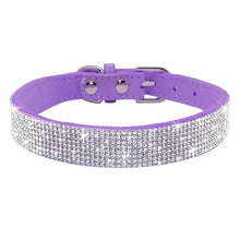 Cargar imagen en el visor de la galería, Purple adjustable leather pet collar with rhinestone bowknot, perfect for stylish puppies and cats.