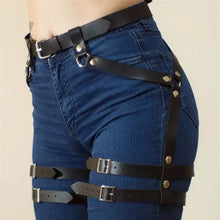 Load image into Gallery viewer, Leather sword belt waist garter on jeans, showcasing adjustable straps and metal buckles for a medieval fantasy look.