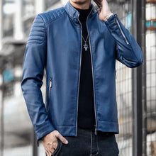 Charger l'image dans la galerie, Men's blue vegan leather motorcycle jacket with stylish quilted shoulders and zippered pockets, perfect for all-weather riding.