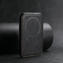 Cargar imagen en el visor de la galería, Luxury Leather Mobile Magnetic Card Holder for iPhone on black background, sleek design for bank cards and ID, MagSafe compatible.