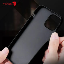 Load image into Gallery viewer, Black leather iPhone case held by hands, showcasing interior and camera cutout