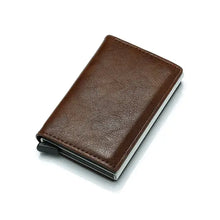 Cargar imagen en el visor de la galería, Brown vegan leather credit card holder for men, sleek design, RFID-blocking, imported, perfect for carrying bank cards.
