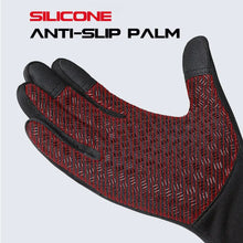 Load image into Gallery viewer, Close-up of waterproof sports gloves with silicone anti-slip palm, designed for outdoor activities and touchscreen compatibility.