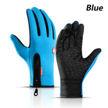 Load image into Gallery viewer, Blue waterproof winter gloves with phone touch capability, designed to keep hands warm and dry while using smartphones.