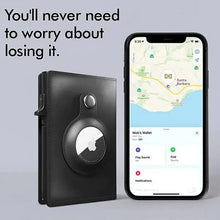 Load image into Gallery viewer, Black leather wallet with Airtags, RFID blocking feature shown next to a phone displaying tracking location, text reads: "You'll never need to worry about losing it."