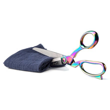 Cargar imagen en el visor de la galería, Rainbow-handle heavy duty scissors cutting blue fabric, ideal for arts and crafts, eZthings brand, perfect for professional or hobby use.