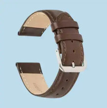 Cargar imagen en el visor de la galería, Brown leather watch band crafted from Italian top grain calf skin with semi-glossy finish and hand-stitched edges on a blue background.