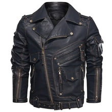 Load image into Gallery viewer, Men's vegan leather jacket, imported, stylish design with multiple zippers and durable construction for a modern, fitted look.