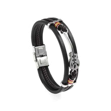 Cargar imagen en el visor de la galería, Classic hand woven multi-layered vegan leather men's bracelet with musical notes design, sleek black with silver accents.