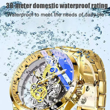 Load image into Gallery viewer, Skeleton Vintage Men's Watch with stainless steel band, open-face dial, 30-meter waterproof, features gears and water splashes.