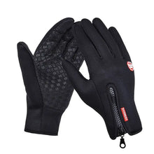 Load image into Gallery viewer, Black touchscreen compatible unisex gloves with zipper for winter use and smartphone connectivity.