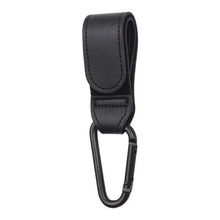 Cargar imagen en el visor de la galería, Black PU Leather Baby Stroller Hook with 360-degree rotation for convenient storage of bags and essentials on a pram.