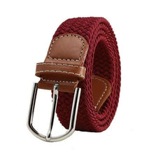 Cargar imagen en el visor de la galería, Alt Tag: Elastic vegan leather belt with alloy buckle in deep red, offers comfort and style, perfect accessory for modern fashion.