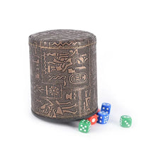 Cargar imagen en el visor de la galería, Egyptian pattern brown leather rune dice cup with colorful dice, ideal for gaming and divination rituals.