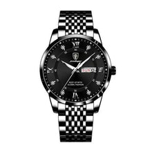 Load image into Gallery viewer, Men's stainless steel watch with black dial and day display, featuring Roman numerals and sleek design for modern style.