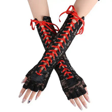 Load image into Gallery viewer, Elegant black lace elbow-length half-finger gloves with red ribbon, perfect for adding glamour and sophistication to any outfit.
