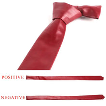Cargar imagen en el visor de la galería, Red polyurethane leather tie for men with elegant design, showcasing both tied and untied views, vegan and imported.