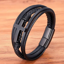 Load image into Gallery viewer, Cross leather bracelet made from vegan materials, perfect gift for loved ones, featuring a sleek design with a heartfelt message.