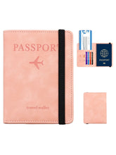 Cargar imagen en el visor de la galería, Pink leather RFID-blocking passport holder travel wallet with card slots and elastic band.