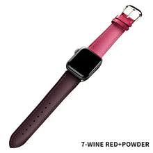 Cargar imagen en el visor de la galería, Wine red and powder pink leather band for Apple Watch, compatible with Series 1-5, shown with silver buckle.