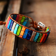 Cargar imagen en el visor de la galería, Colorful leather wrap bracelet with multi-color natural stone tube beads for bohemian style and chakra energy balance.