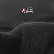 Load image into Gallery viewer, Close-up of black waterproof winter gloves fabric, emphasizing softness and warmth, featuring a thermometer icon with text "soft warm."