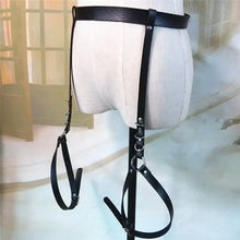 Cargar imagen en el visor de la galería, Black leather garters waist belt harness on mannequin; edgy accessory for bold fashion statements and confidence boost.