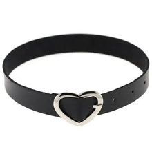 Cargar imagen en el visor de la galería, Black leather choker with a silver heart-shaped buckle, adjustable straps for versatile styling.