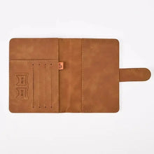 Cargar imagen en el visor de la galería, Brown PU leather passport and card holder with slots, vegan and imported, keeps travel essentials organized and secure.