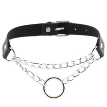 Cargar imagen en el visor de la galería, Black leather necklace with round pendant and double silver chains, elegant and modern design for timeless style