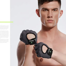 Load image into Gallery viewer, Man wearing black Fitness Sport Gloves showing durability and grip for enhanced workout performance and hand protection.