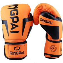 Load image into Gallery viewer, Premium orange and black boxing gloves with GINGPAI logo, designed for comfort and performance in sparring and training sessions.