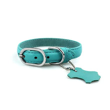 Cargar imagen en el visor de la galería, Turquoise genuine leather dog collar with metal buckle, customizable for pet's name, offering luxury and durability.
